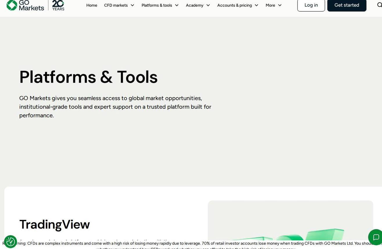 The platform page on the GO Markets website