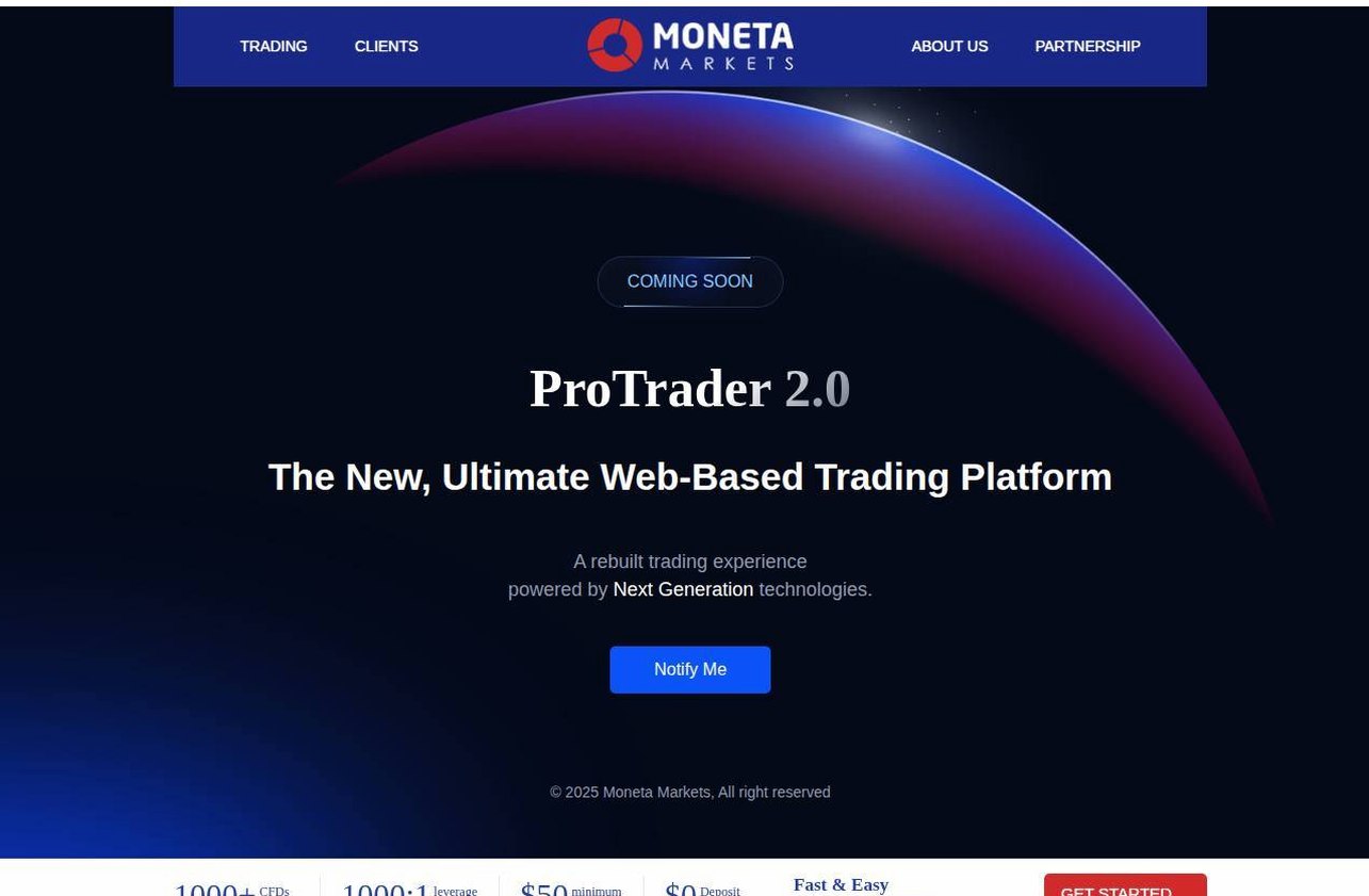 The platform page on the Moneta Markets website
